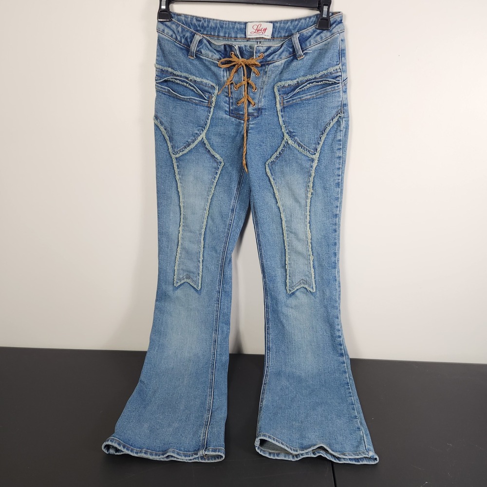 Lucy Paris Lace Up Flare Jeans Blue Distressed Y2K Grunge Size 8
